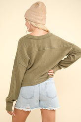 VERY J Women's Exposed Seam V-Neck Ribbed Knit Top - Cozy Autumn Fashion Essential